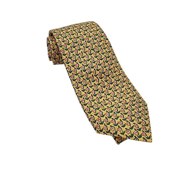 Hermes Paris 100% Silk Tie Yellow Floral - Picture 1 of 5